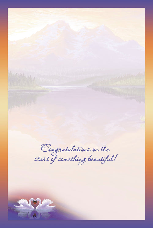 Inside of a heartfelt wedding greeting card, showing a faded, ethereal view of the lake, mountains, and swans, with the message 'Congratulations on the start of something beautiful!' in a graceful script.