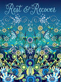 Vibrant 'Rest & Recover' greeting card with intricate blue and green floral patterns, delicate hummingbirds, and sparkling accents, perfect for sending encouraging wishes.