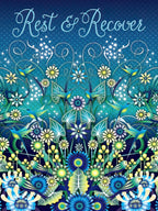 Vibrant 'Rest & Recover' greeting card with intricate blue and green floral patterns, delicate hummingbirds, and sparkling accents, perfect for sending encouraging wishes.