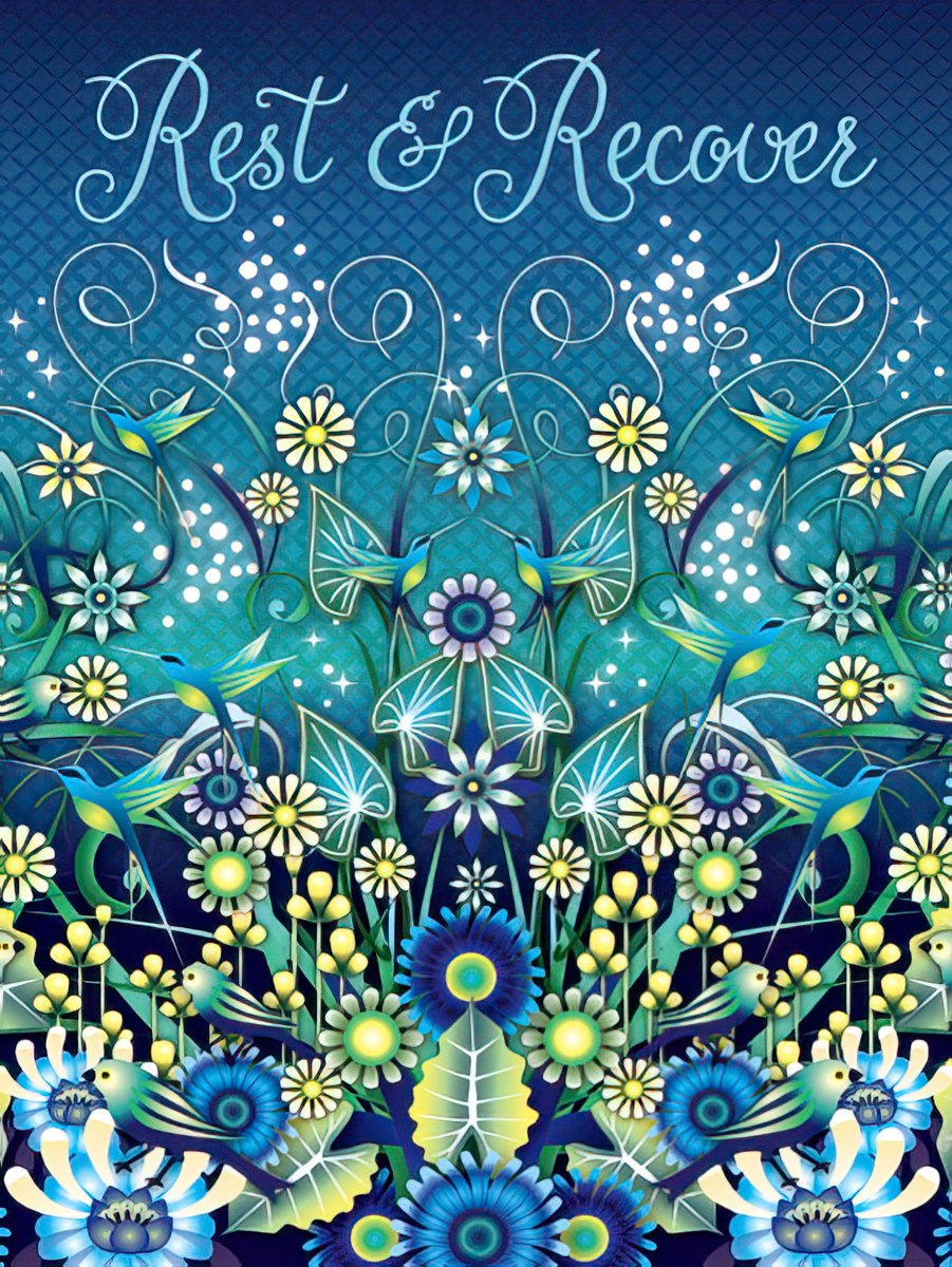 Front of a Get Well Soon greeting card, predominantly blue, featuring "Rest & Recover" in elegant script above vibrant floral patterns with blue and yellow flowers and hummingbirds.