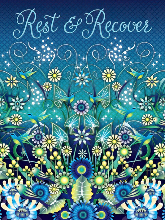 Front of a Get Well Soon greeting card, predominantly blue, featuring "Rest & Recover" in elegant script above vibrant floral patterns with blue and yellow flowers and hummingbirds.