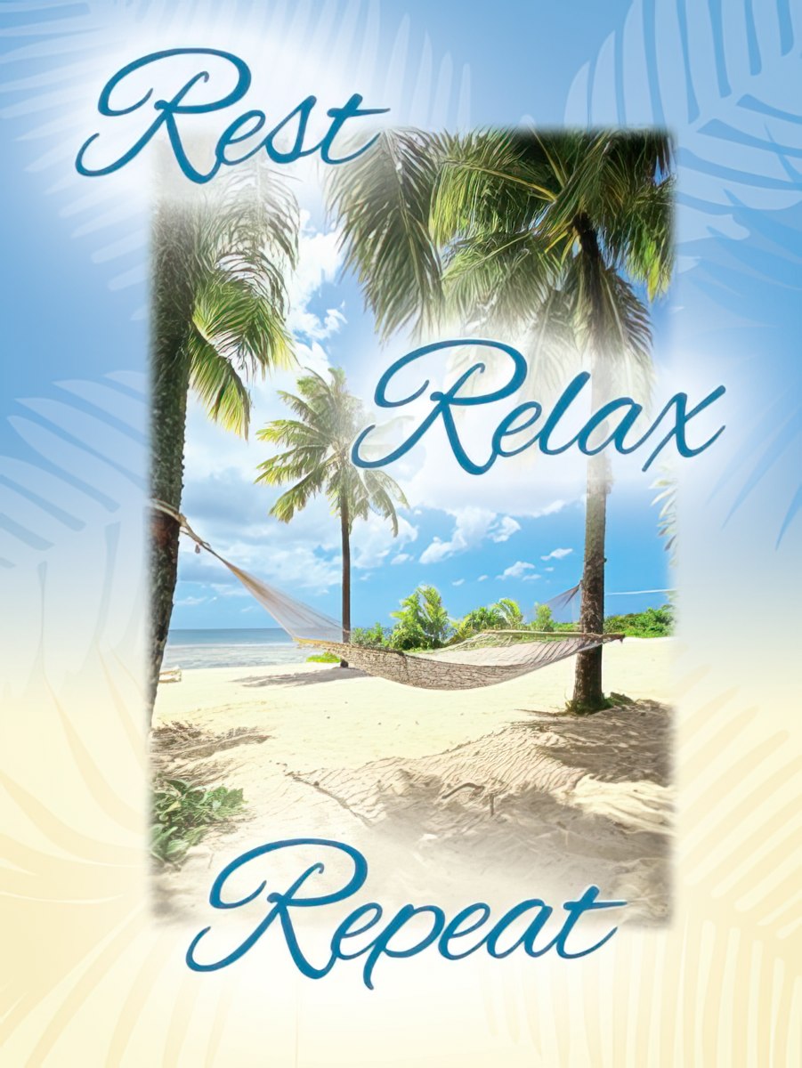 Rest Relax Repeat retirement card showing a tranquil beach with palm trees and a hammock. Front view of greeting card.