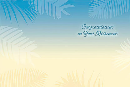 Inside of 'Rest Relax Repeat' retirement card with 'Congratulations on Your Retirement' text and subtle palm leaf design.