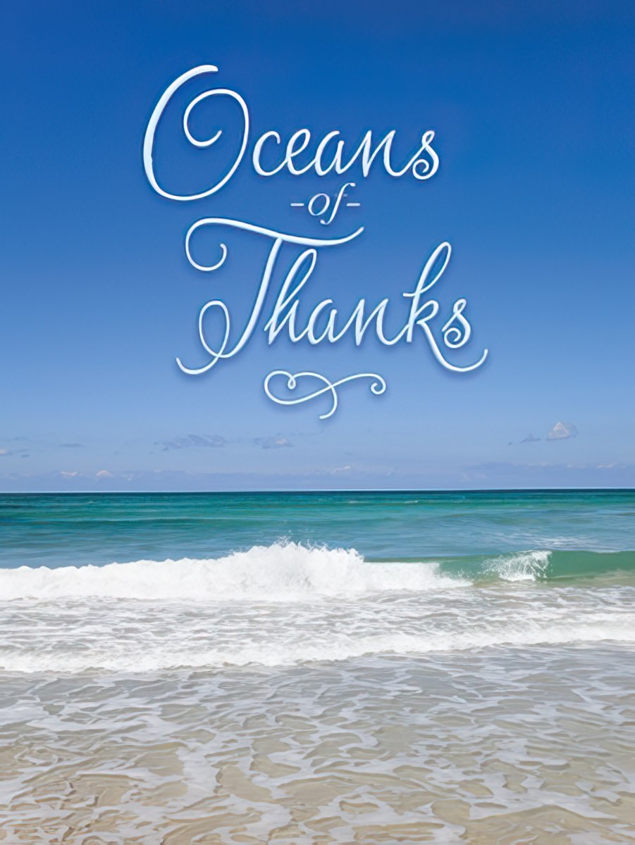 Oceans of Thanks greeting card featuring a calming blue ocean with gentle waves, a sandy beach, and a clear sky.