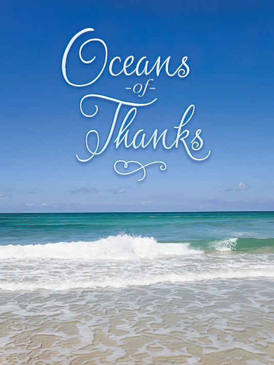 Oceans of Thanks greeting card featuring a calming blue ocean with gentle waves, a sandy beach, and a clear sky.