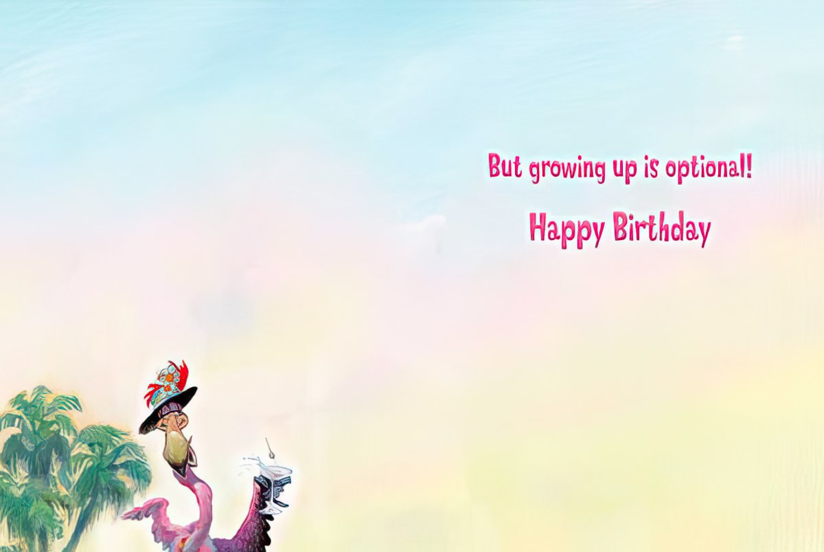 Inside of the birthday card showing the continuation of the message: 'But growing up is optional! Happy Birthday', with a partial flamingo illustration.