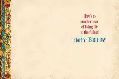Interior of an elegant greeting card with "Here's to another year of living life to the fullest! HAPPY BIRTHDAY" message.