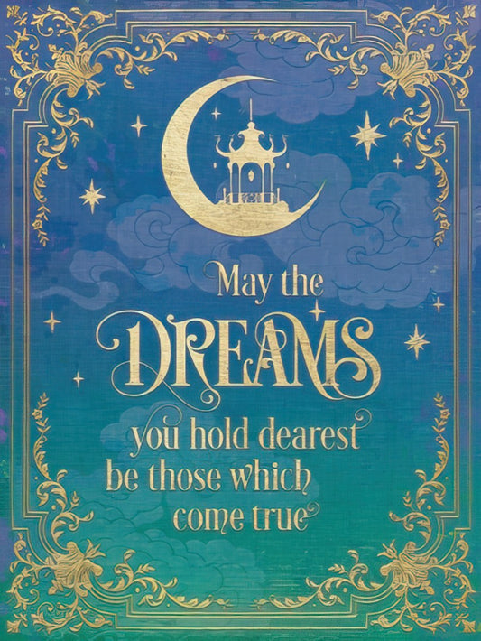 Elegant birthday card front with gold crescent moon, stars, and ornate frame, wishing dreams come true on a blue-green background.