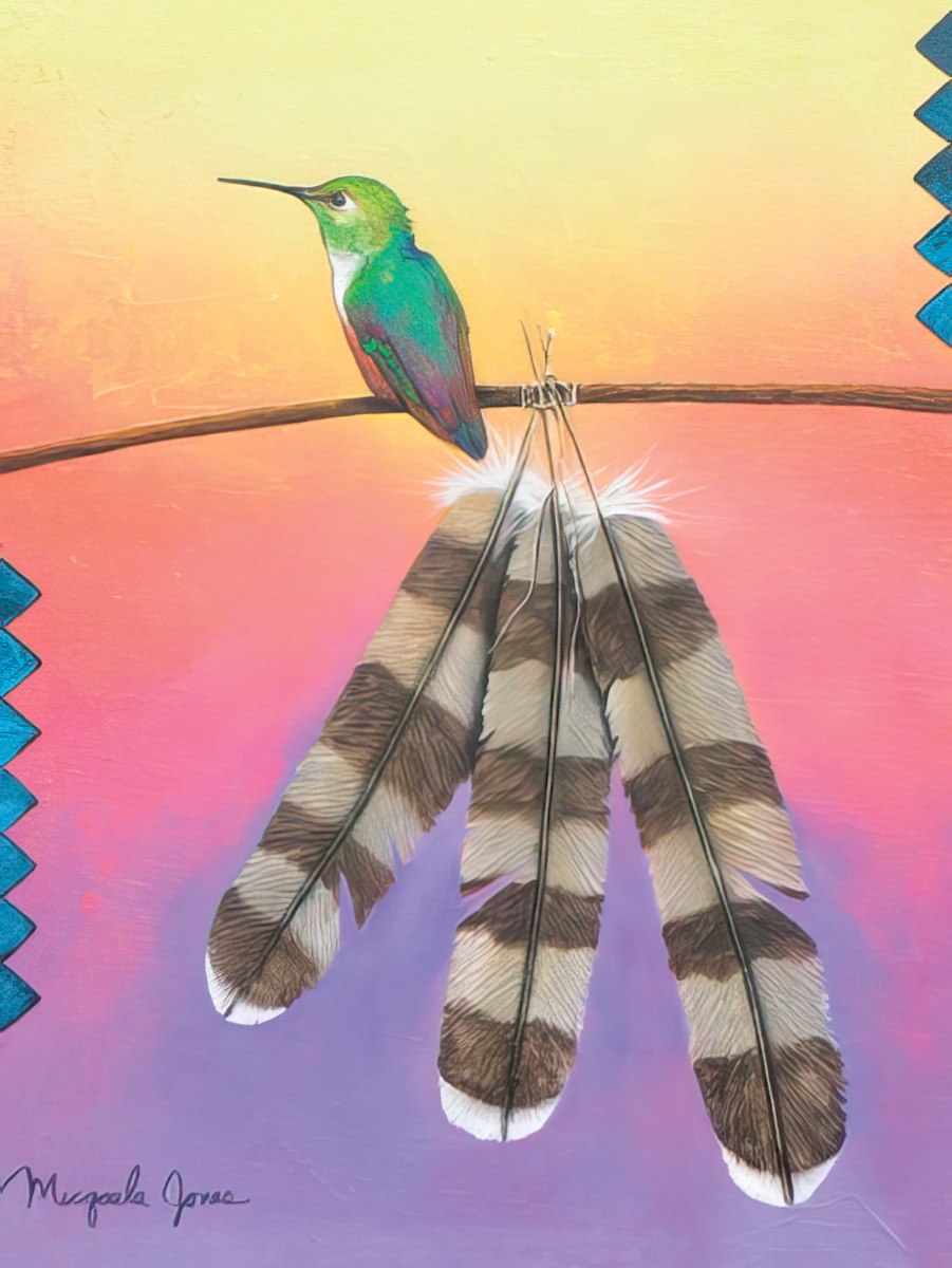 Vibrant hummingbird perched on a branch with three decorative feathers, against a sunset-colored background, front of a birthday card.