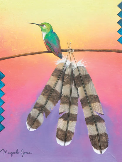 Vibrant hummingbird perched on a branch with three decorative feathers, against a sunset-colored background, front of a birthday card.