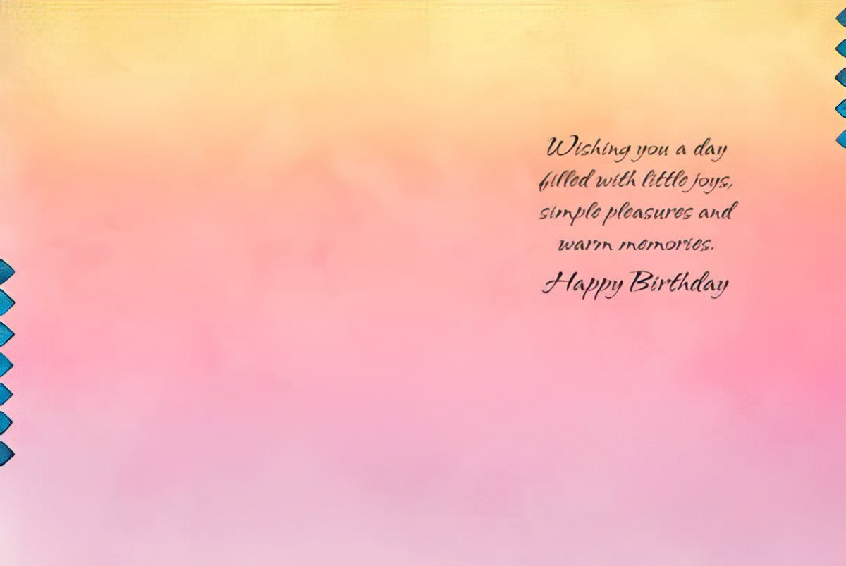 Inside of a birthday card with 'Wishing you a day filled with little joys... Happy Birthday' message on a pink gradient.