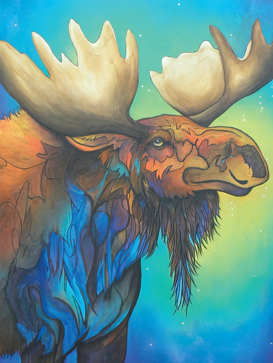 Vibrant, artistic illustration of a majestic moose head with large antlers in blues, greens, and oranges on a gradient background.