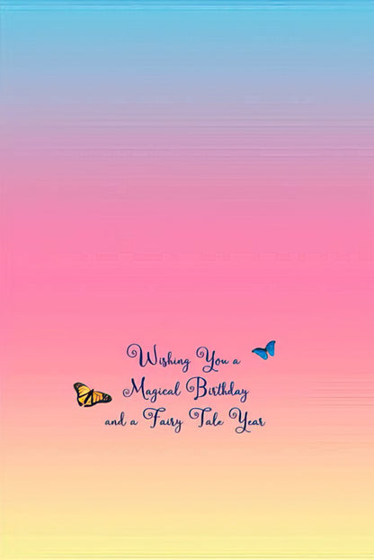 Inside of a magical birthday card with ombre background, 'Wishing You a Magical Birthday and a Fairy Tale Year' text, and butterflies.