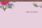 Inside of an inspiring greeting card, showing a light purple background with delicate floral accents in the top left corner. The interior text reads: 'HAPPY BIRTHDAY'.