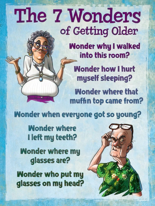 Front of a funny birthday greeting card with cartoon characters and text listing "The 7 Wonders of Getting Older" with humorous observations.