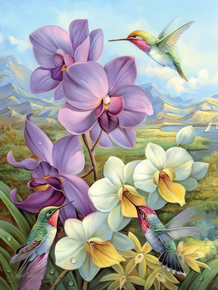Vibrant greeting card with three colorful hummingbirds, lush purple and white orchids, and a serene mountain landscape under a blue sky.