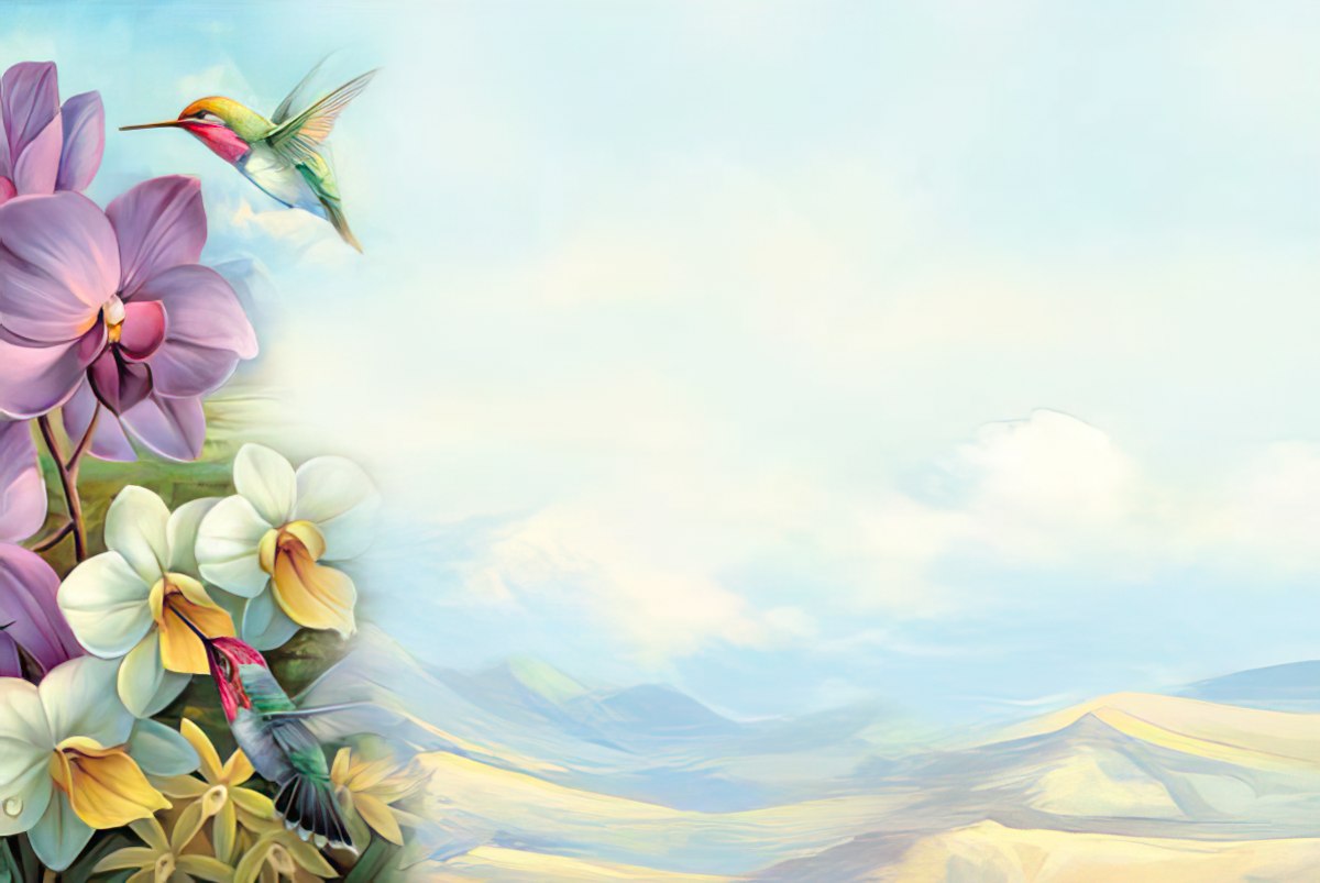 Interior of greeting card with partial purple and white orchids, a hummingbird, and an expansive mountain landscape for your personalized message.