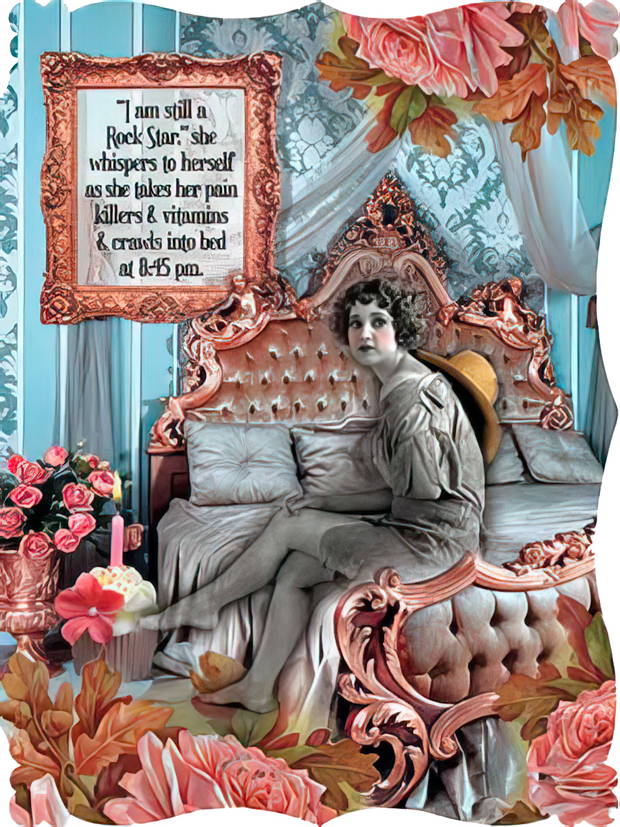 Sassy vintage-style woman on an ornate bed with a humorous 'Rock Star' aging quote, surrounded by elegant roses, perfect for a funny birthday greeting card.