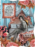 Sassy vintage-style woman on an ornate bed with a humorous 'Rock Star' aging quote, surrounded by elegant roses, perfect for a funny birthday greeting card.
