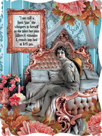 Sassy vintage-style woman on an ornate bed with a humorous 'Rock Star' aging quote, surrounded by elegant roses, perfect for a funny birthday greeting card.