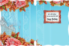 Inside of a humorous birthday card featuring a framed message 'We're still rocking — just not around the clock! Happy Birthday' against a pale blue background with rose and leaf borders.