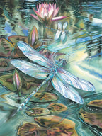 Vibrant watercolor illustration of a blue dragonfly with iridescent wings resting on a lily pad, surrounded by pink water lily blooms and reflections in a tranquil pond, perfect for an artistic greeting card.