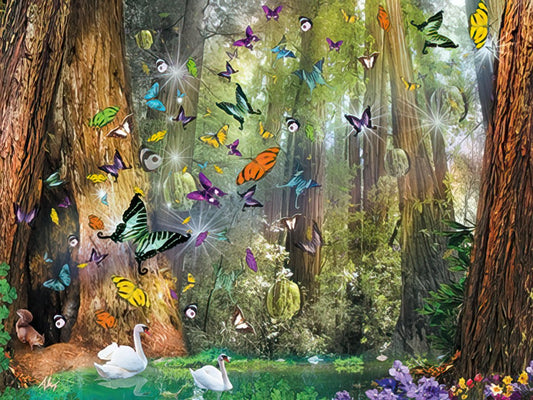 Enchanted forest greeting card front with numerous colorful butterflies flying around tall trees and two white swans on a sparkling pond.
