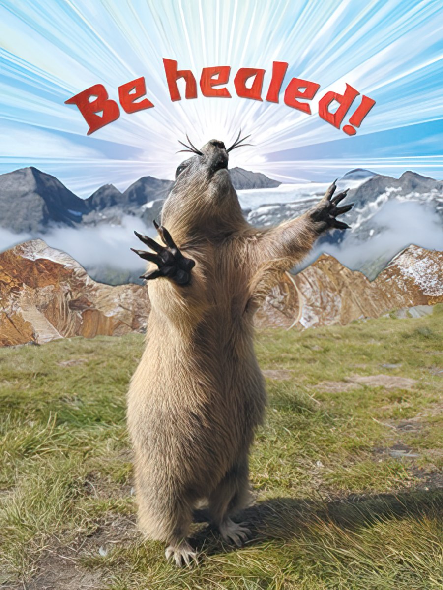 Humorous religious greeting card featuring a marmot with arms outstretched towards a bright divine light, set against a mountain landscape with text 'Be healed!'. Perfect for inspiring spiritual recovery.