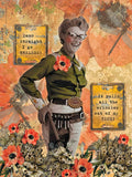 Sassy vintage-style greeting card featuring a smiling older woman in a green western shirt, with humorous text 'Damn straight I go BRALESS!' and 'It pulls all the wrinkles out of my FACE!'. Surrounded by orange poppies and a textured collage background with dragonflies, perfect for a humorous friend's celebration.