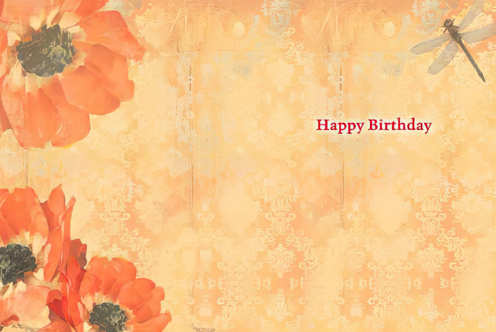 Inside of a humorous greeting card, displaying 'Happy Birthday' in red script on a soft orange, vintage-patterned background, framed by vibrant orange poppies.