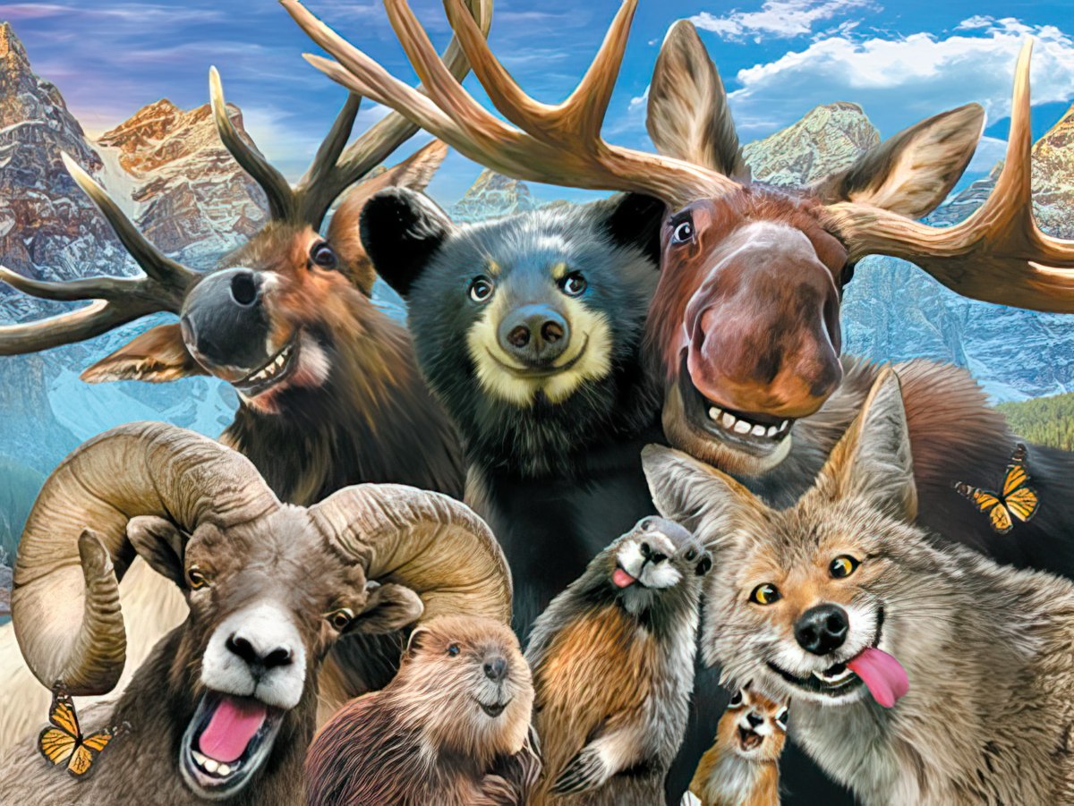 A group of smiling wild animals including a moose, bear, coyote, ram, beaver, and squirrel, set against a mountain backdrop.