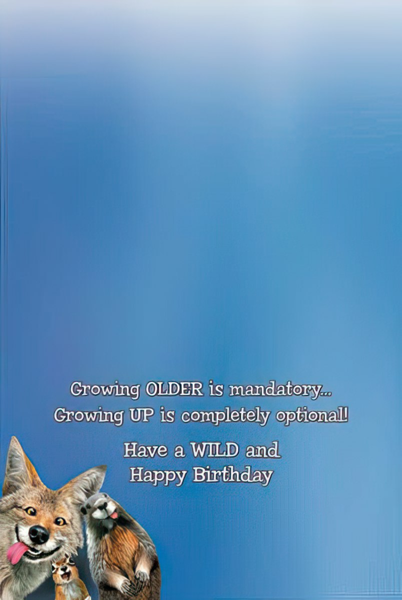 Inside view of a funny greeting card with a bright blue gradient background. The card features a witty message in a playful font: 'Growing OLDER is mandatory... Growing UP is completely optional! Have a WILD and Happy Birthday.' Cartoon coyote, groundhog, and fox peek from the bottom left corner.