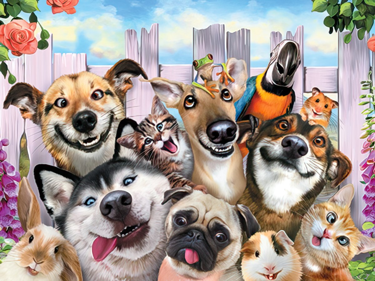 A group of diverse, smiling animals including dogs, cats, a rabbit, parrot, hamster, and guinea pig, peeking over a white picket fence in a flowery garden.