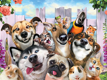 A group of diverse, smiling animals including dogs, cats, a rabbit, parrot, hamster, and guinea pig, peeking over a white picket fence in a flowery garden.