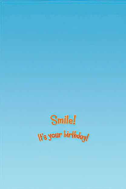 The inside of a birthday greeting card with a light blue background and the orange text "Smile! It's your birthday!" centered.