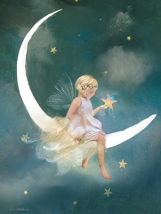 Whimsical birthday card cover: a blonde fairy girl with delicate wings sits on a crescent moon, holding a glowing star.