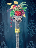 Elegant ostrich wearing a flamboyant floral hat and yellow beaded necklace on a deep blue damask background, perfect for a celebration card.