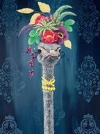 Elegant ostrich wearing a flamboyant floral hat and yellow beaded necklace on a deep blue damask background, perfect for a celebration card.