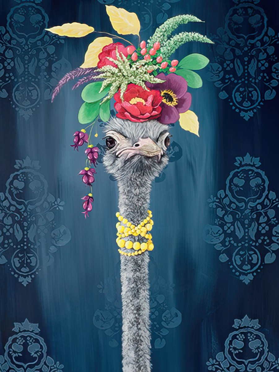 Greeting card featuring a stylish ostrich wearing a vibrant floral hat and yellow beaded necklace against a dark blue damask background.