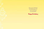 Inside of a sassy greeting card with yellow background, featuring the message 'May your birthday be fabulously fun and anything but sensible! Happy Birthday' in black and red text.