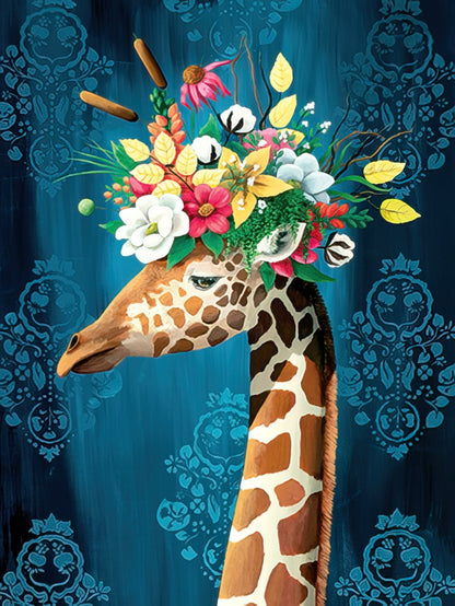 Whimsical giraffe with a vibrant floral arrangement as a crown, set against a dark blue patterned background for a greeting card.