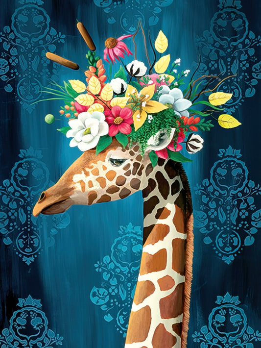 Whimsical giraffe with a vibrant floral arrangement as a crown, set against a dark blue patterned background for a greeting card.