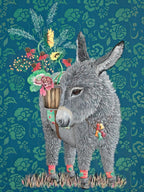 Whimsical grey donkey illustration carrying vibrant wildflowers in a barrel on a teal patterned background, ideal for an artistic greeting card.