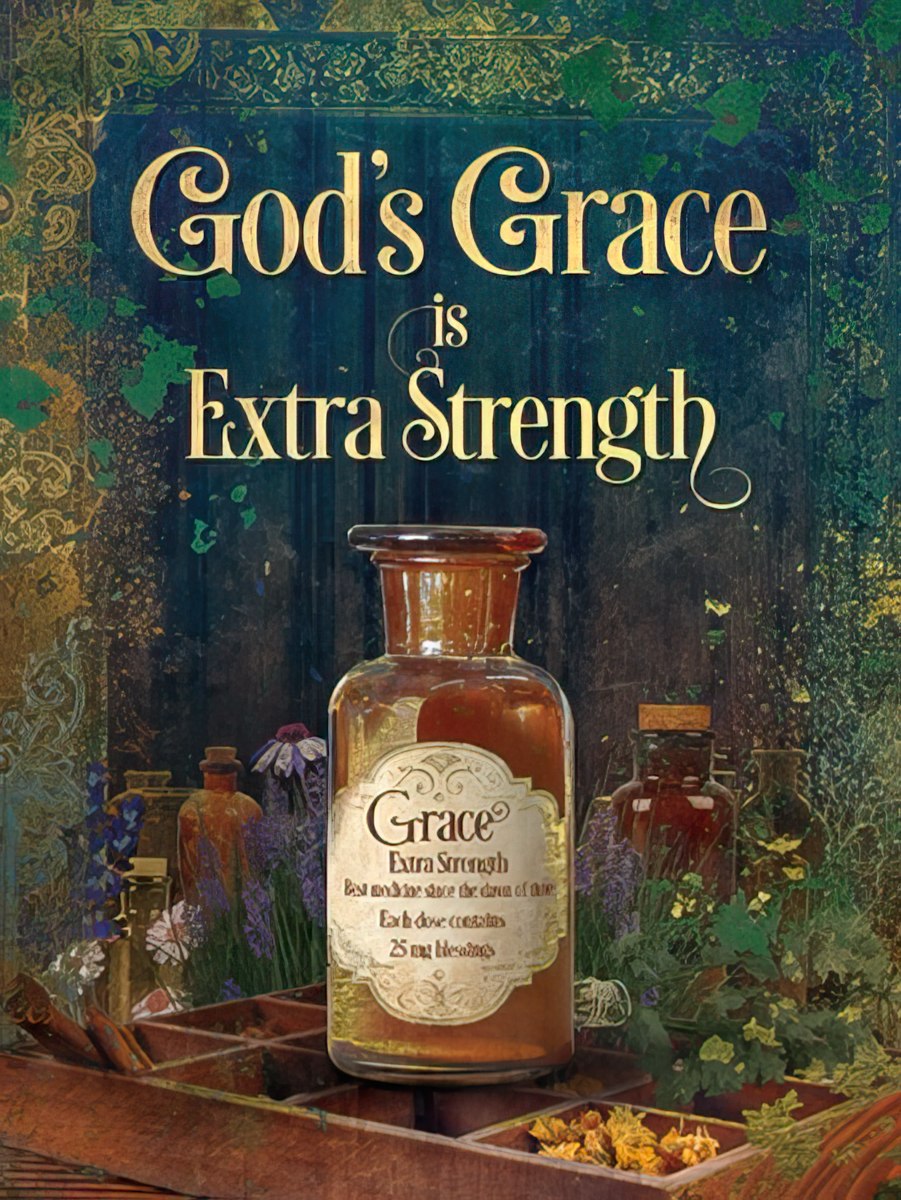 Front of a vintage religious Get Well card featuring a medicine bottle labeled 'Grace Extra Strength' with text 'God's Grace is Extra Strength'.
