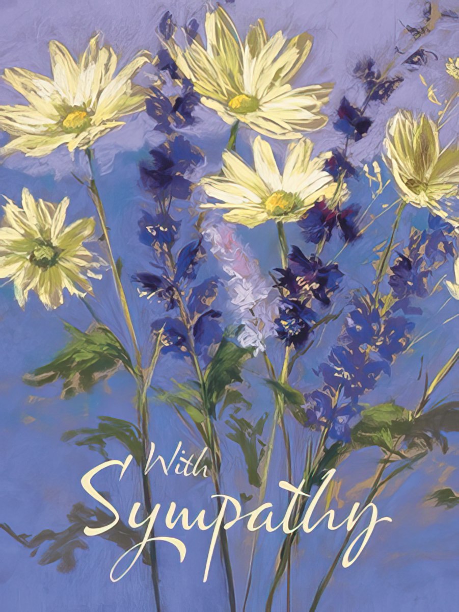 Sympathy card front featuring vibrant yellow daisies and purple flowers on a blue background, with 'With Sympathy' in script.