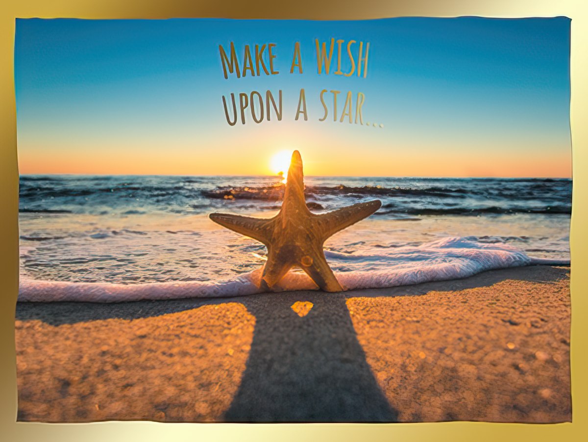 Starfish at sunset on a sandy beach with crashing waves, golden sky, and 'Make a wish upon a star...' text for a thoughtful greeting card.