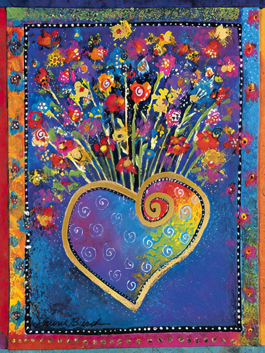 Vibrant birthday card front: abstract gold heart bursting with colorful flowers on a deep blue background, artistic and warm.