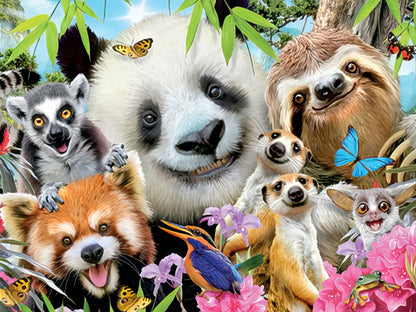 Close-up of cute, smiling jungle animals including a panda, sloth, lemur, red panda, meerkats, and hummingbird, surrounded by lush flora.