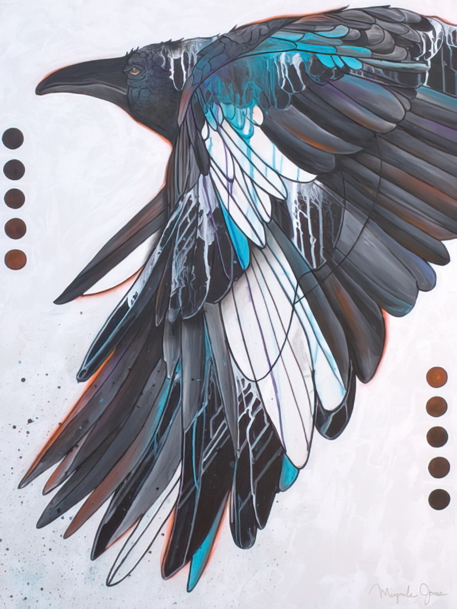 Detailed artwork of a black crow with vibrant blue, white, and subtle orange accents on its wings, against a light background.