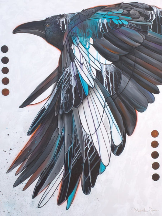 Detailed artwork of a black crow with vibrant blue, white, and subtle orange accents on its wings, against a light background.
